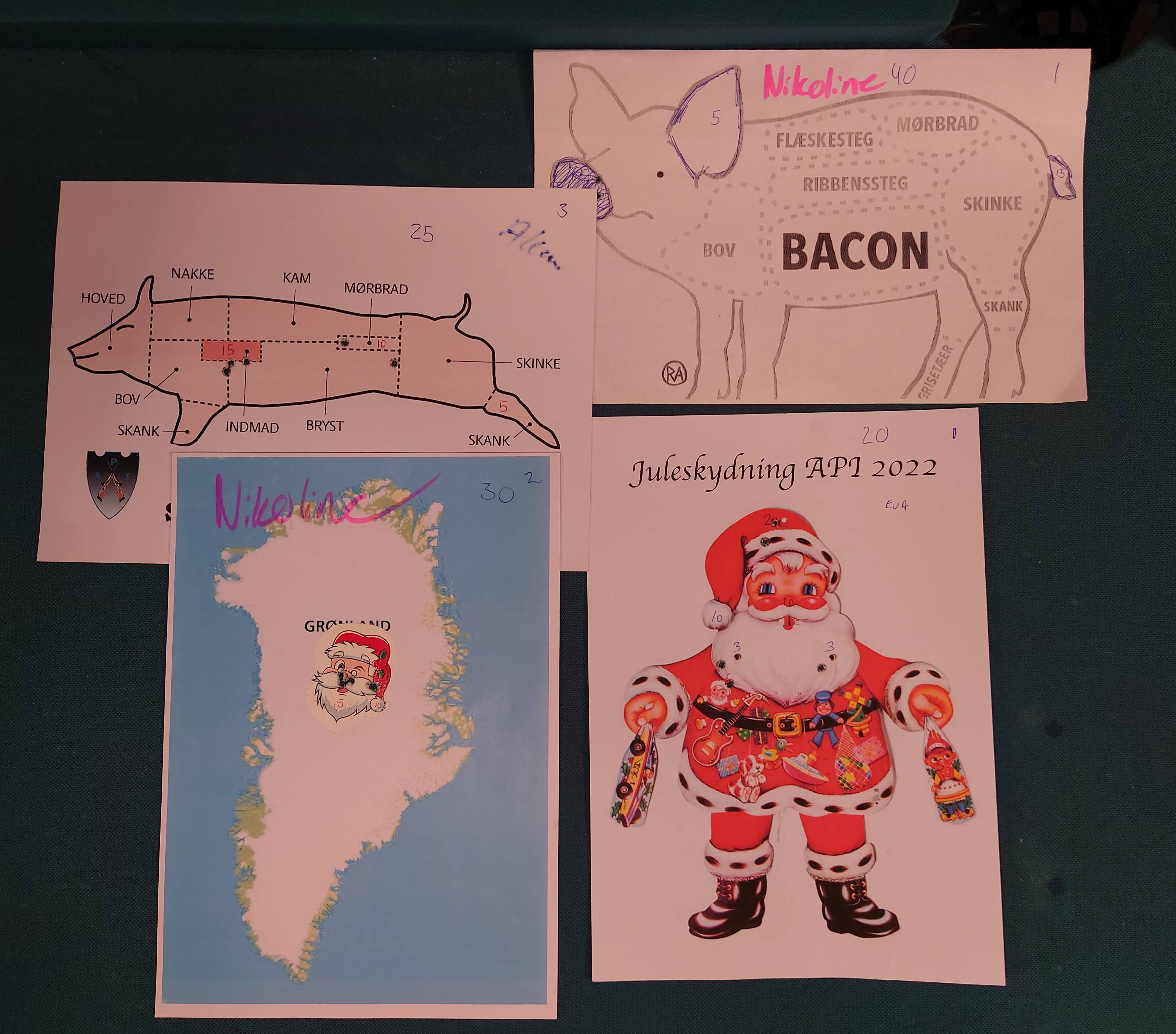 Showskydning til julefrokosten: Allan fik ram på det ene svin, Nikoline på det andet plus nissen på Grønland. Eva tegnede sig for den anden julemand.